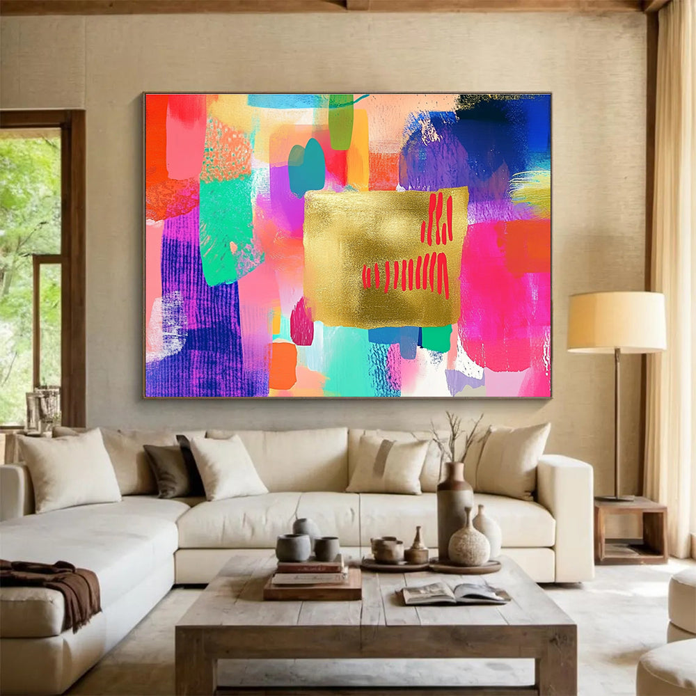 A large abstract painting featuring a golden paper centerpiece with red writing, embellished with colorful pastel brush strokes in pink, blue, green, and more.SC297