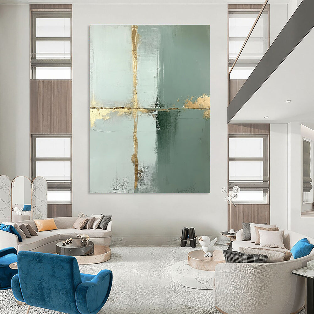 Large abstract painting featuring pale green and white blocks accented with thin gold lines and gold foil accents in a minimalist style.STSC428