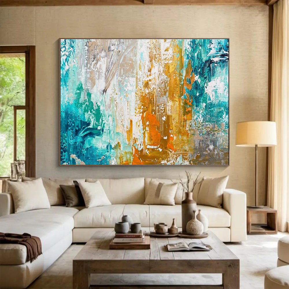Teal Gold Orange Abstract Painting with Vibrant, Energetic Combinations THY382