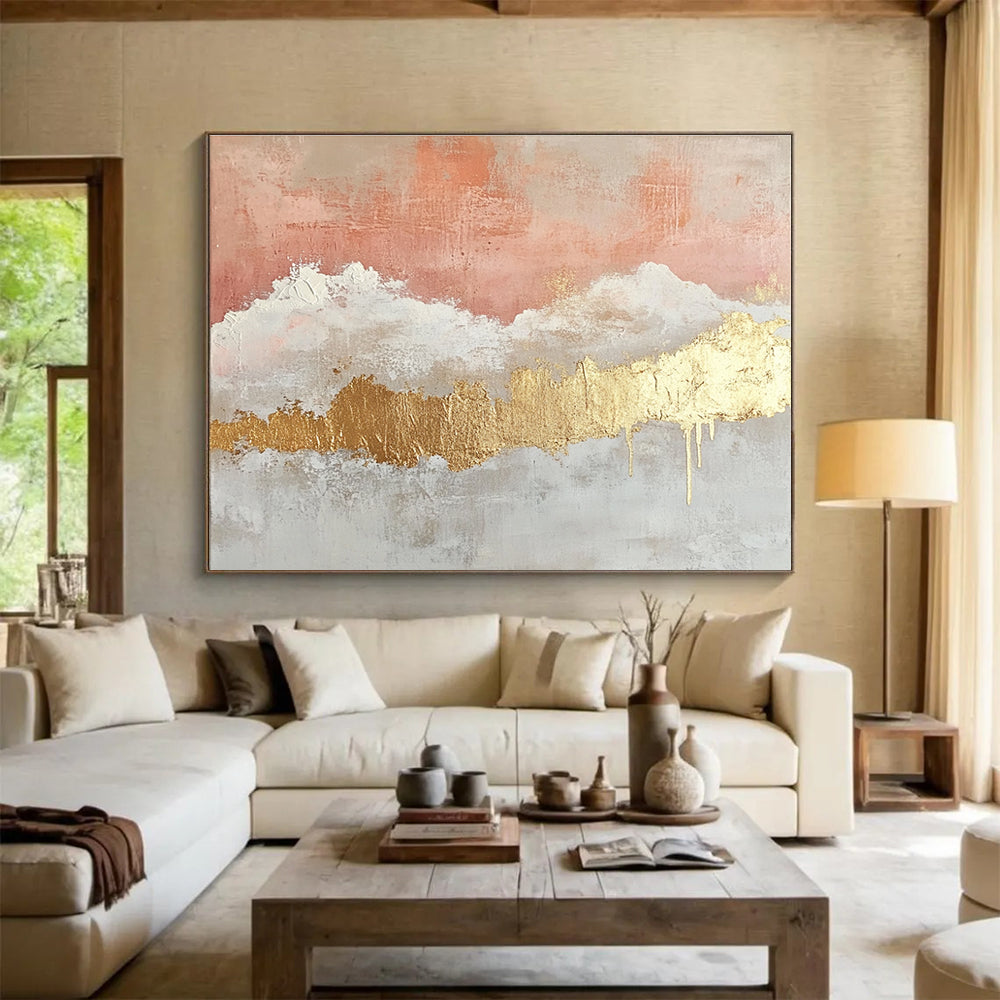 Large abstract painting featuring gold foil light pink and white clouds beige watercolor thin lines and gold leafing on canvas.SC236