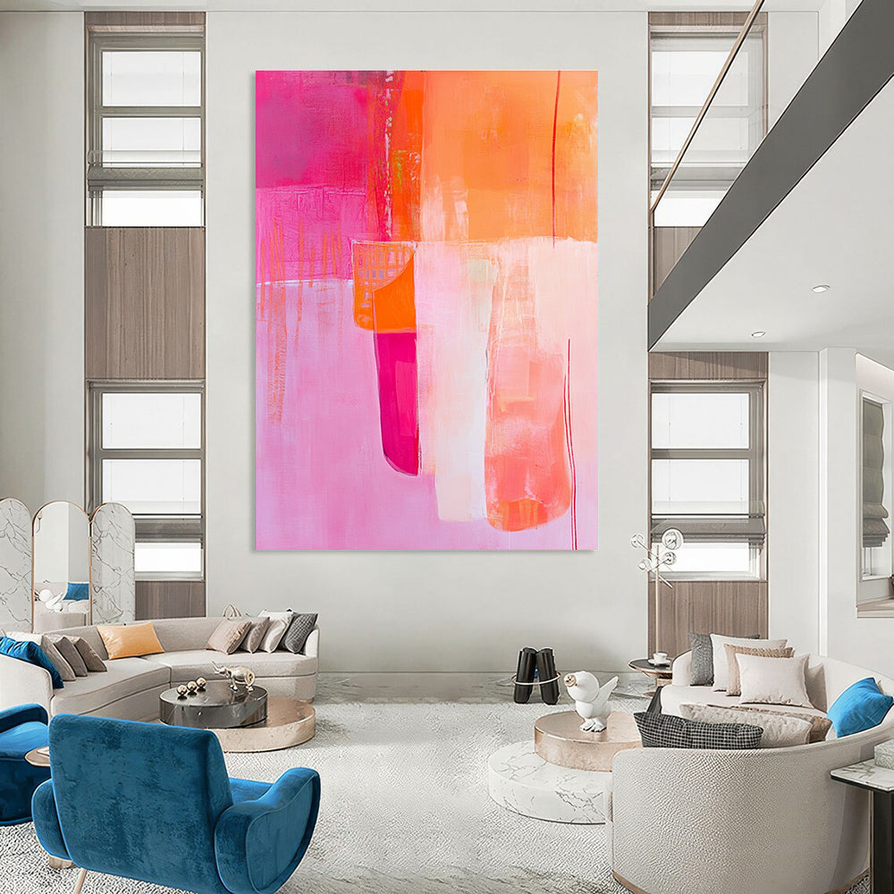 Large abstract painting featuring pink and orange tones with a textured background and playful paper cutout in the foreground.STSC785