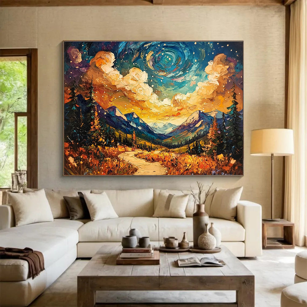 A large abstract painting capturing the Alaskan wilderness under a vibrant sky with textured brush strokes and a winding path leading through stunning colors.SC564
