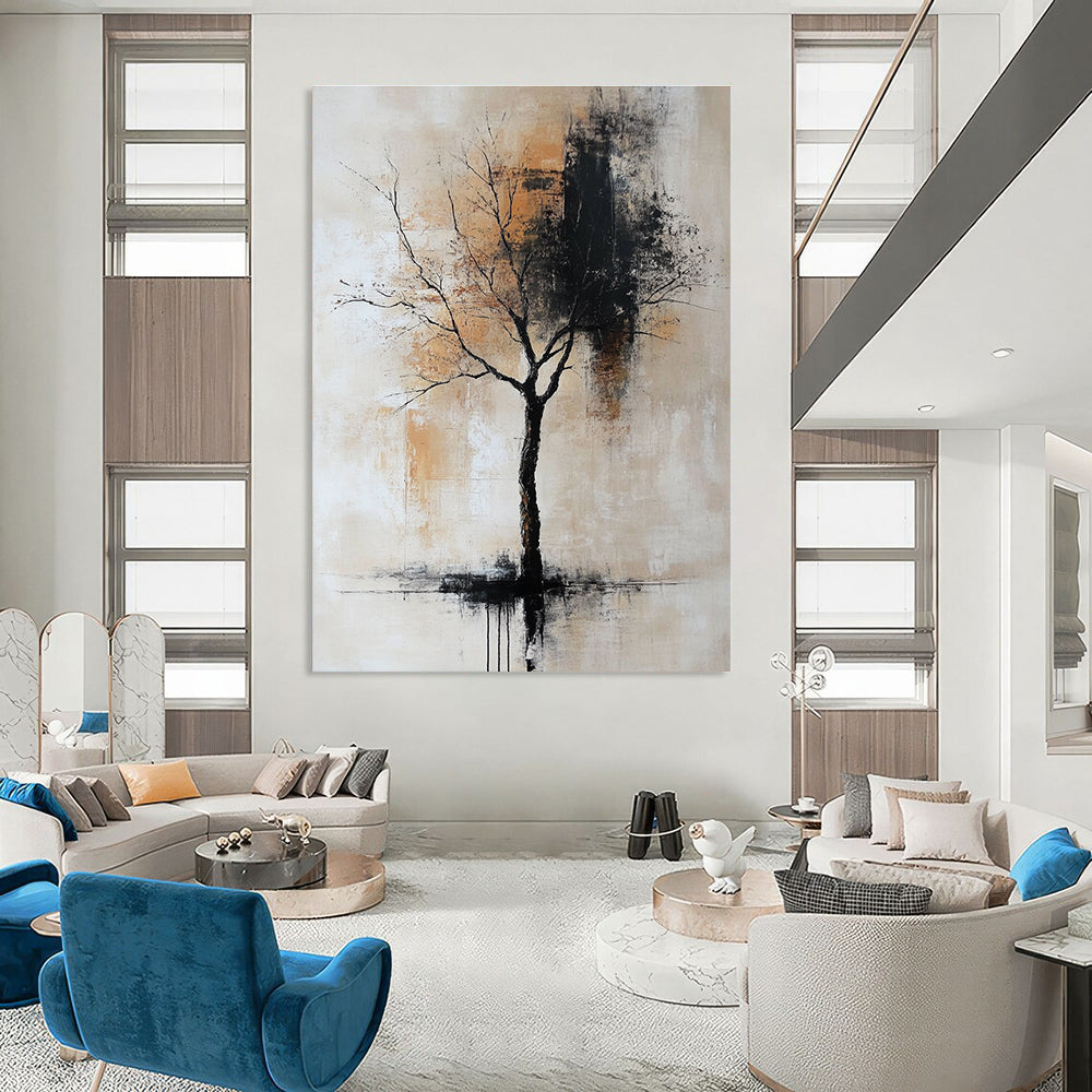Large abstract painting in neutral gray beige and black hues reminiscent of vintage oil art. Perfect for contemporary decor.STSC837