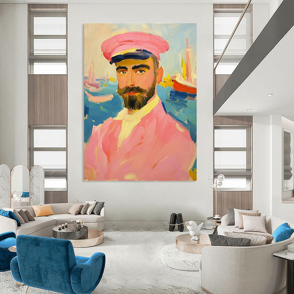 Abstract painting of an artistic man in a pink sailor suit with a mustache and beard against a vibrant sea backdrop featuring boats.STSC1161