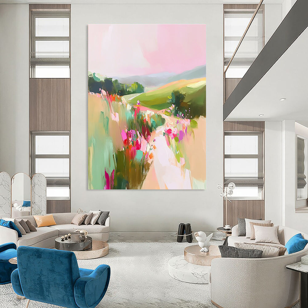 A large abstract painting of English countryside with pastel pinks and greens featuring rolling hills and wildflowers for a romantic tranquil atmosphere.STSC1202