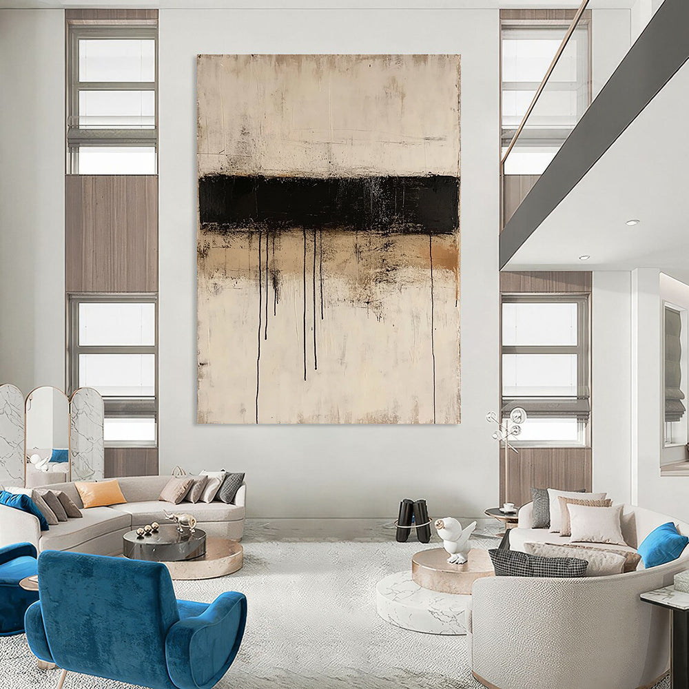 Large abstract painting featuring thin black lines layered on textured beige paper in a minimalist style reminiscent of Mark Rothko.STSC521