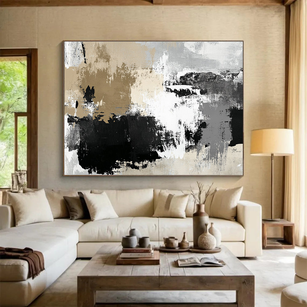 Beige and Black Abstract Strokes Painting DYP097
