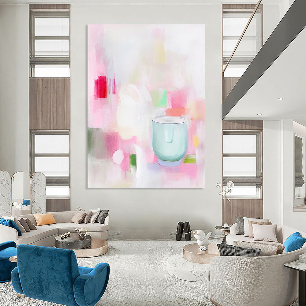 A soft abstract painting in pink and white shapes with green and red hints featuring a minimalist light blue glass blender conveying calmness and simplicity.STSC1200