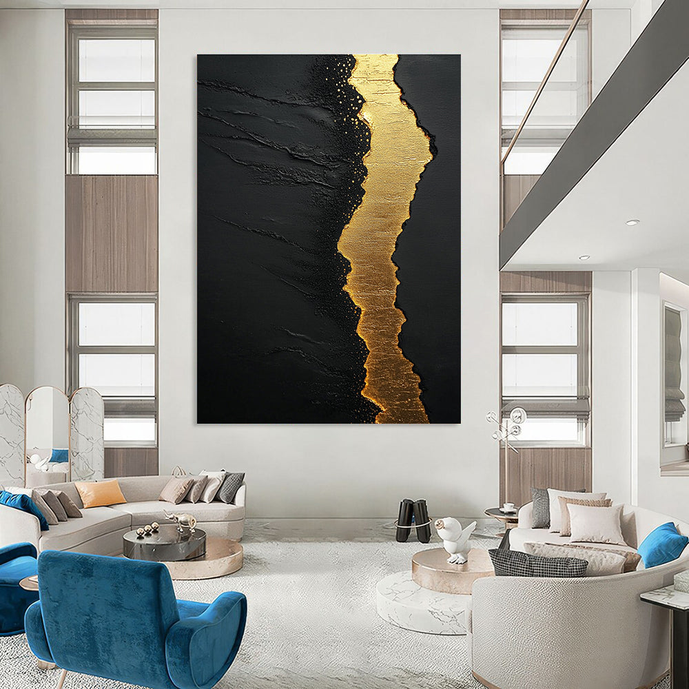 Large abstract painting featuring textured black sand golden water and white clouds with flowing golden light in a minimalist style against a dark background.STSC304