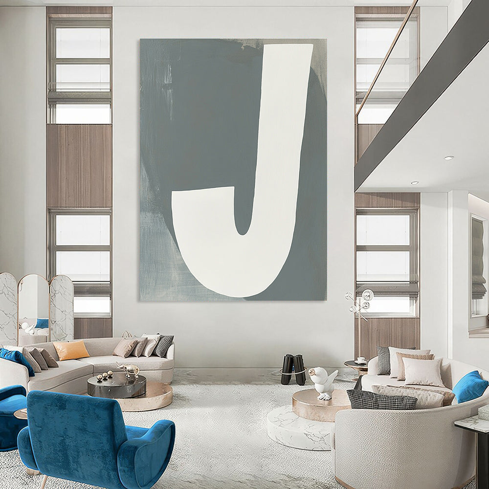 Large abstract painting featuring white and gray tones resembling a J with a neutral background promoting calmness and modern elegance.STSC1113