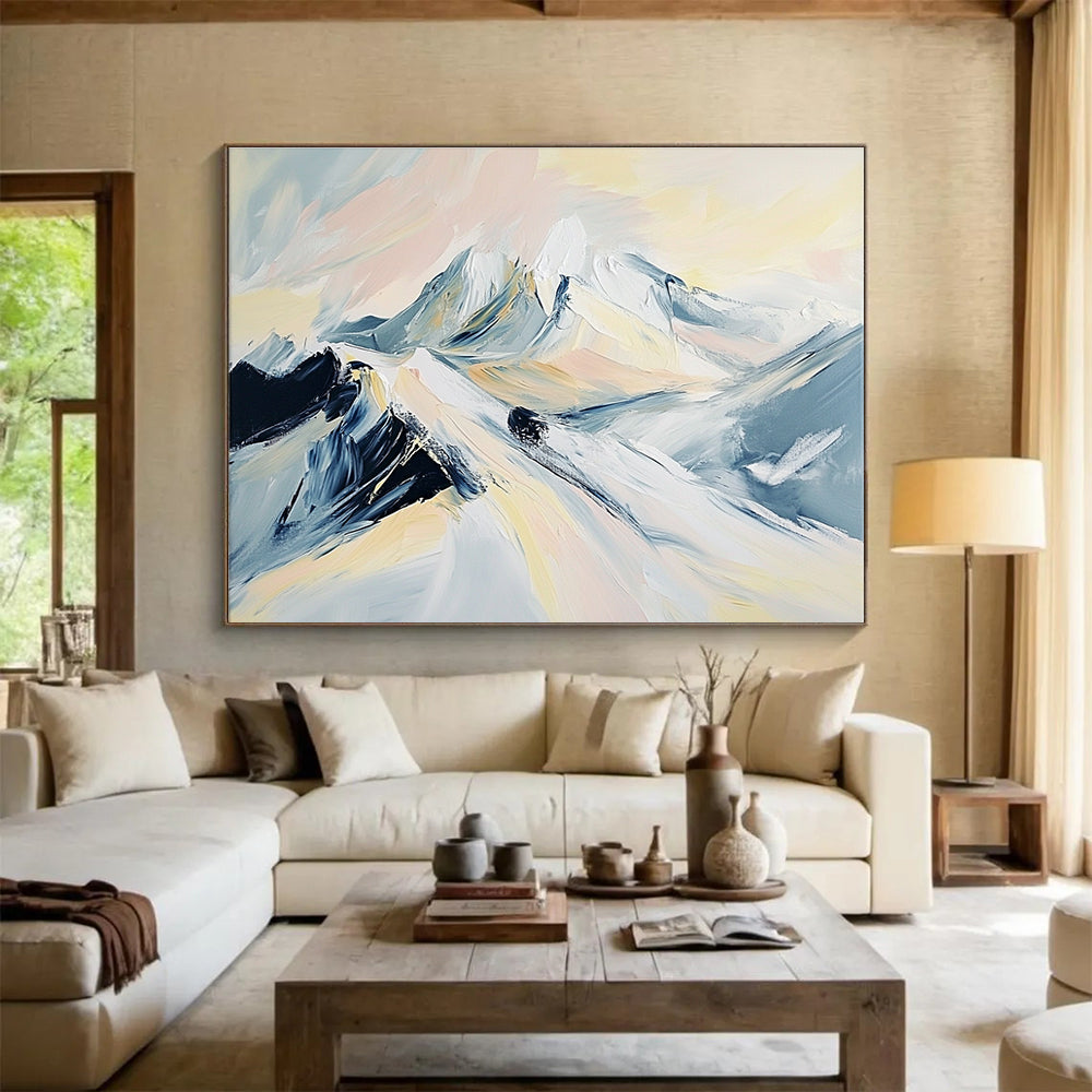 Large abstract painting of snowy mountains featuring soft hues of light gray pale pink beige and black.SC199