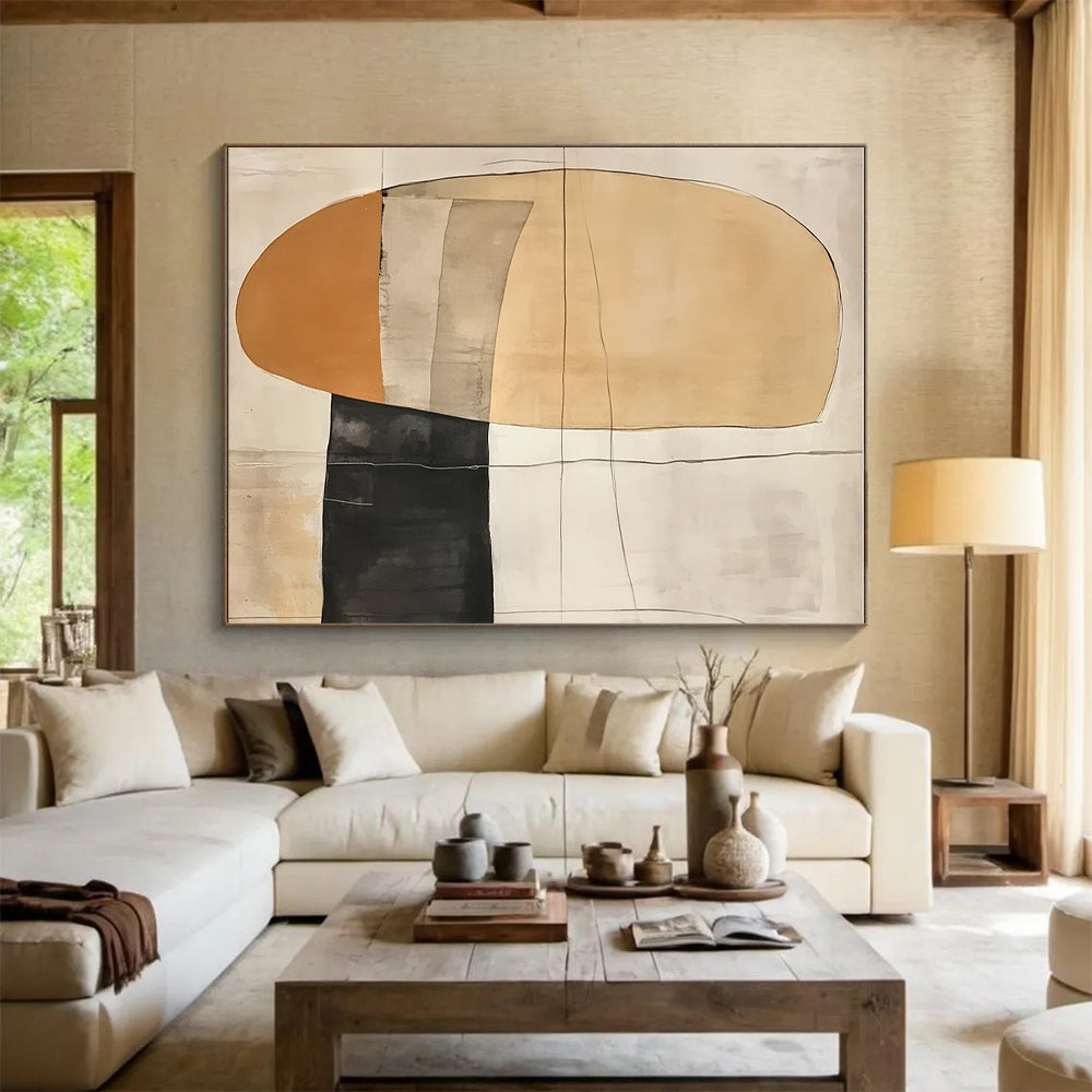 Earth - Toned Geometric Abstract Painting with Delicate Lines GER226