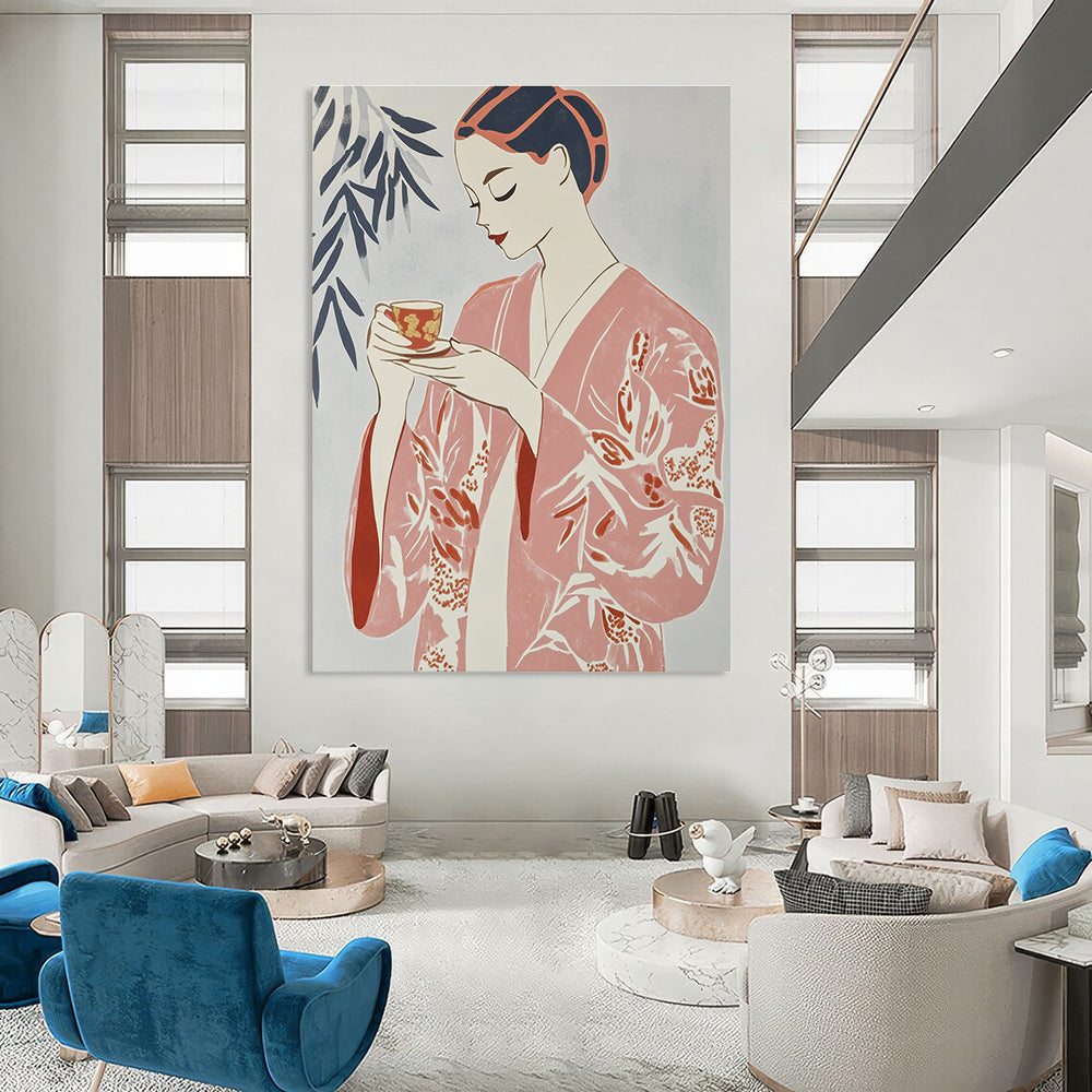 Large Abstract Artwork Featuring A Woman In A Floral Robe Relaxing With Tea Against A Light Grey Background In Risograph Gouache Style.STSC1314
