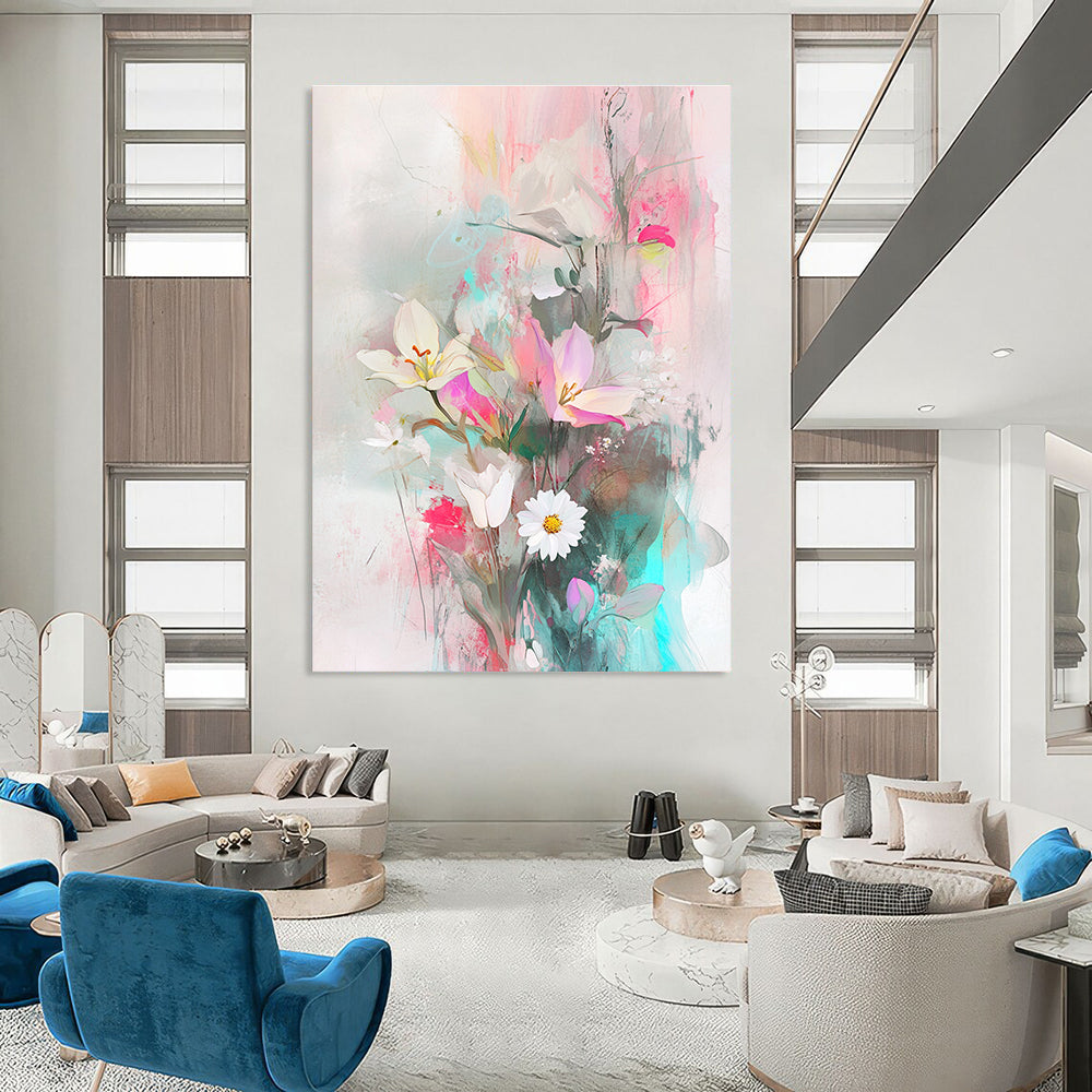 A large abstract painting featuring ethereal floral arrangements in soft pastels with a delicate bird figurine symbolizing harmony in nature.STSC857
