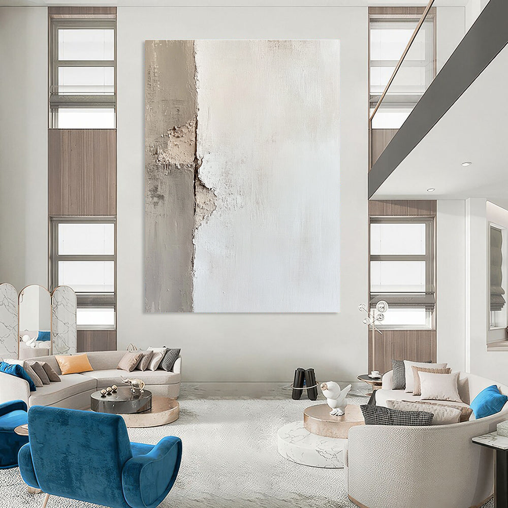 Large abstract painting of an off-white wall with textured brushwork showcasing peeling paint and soft edges in subtle tonal values.STSC653