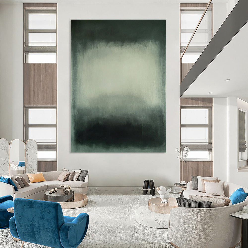 Large abstract painting featuring gray and white hues with blurred edges and a dark green gray background in a soft hazy atmospheric style.STSC683