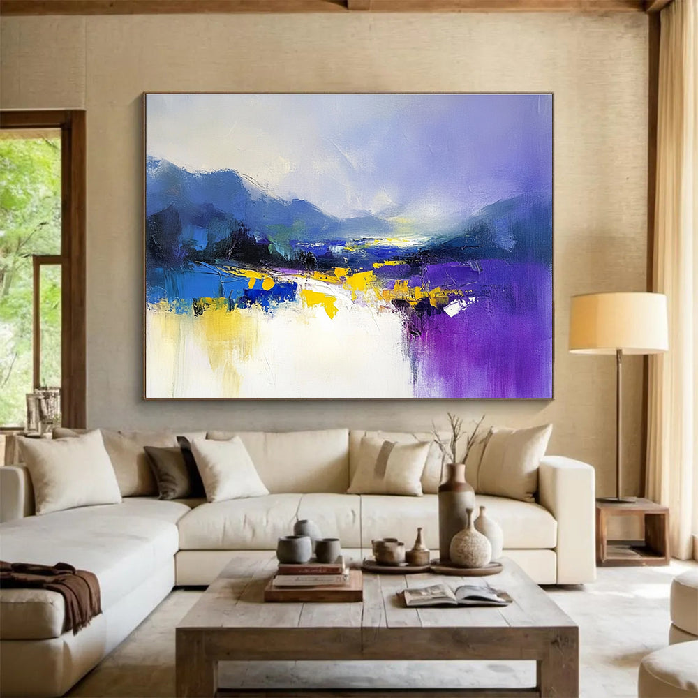 Large abstract painting featuring soft purple and blue hues with yellow accents created using loose brush strokes for a calming effect.SC317