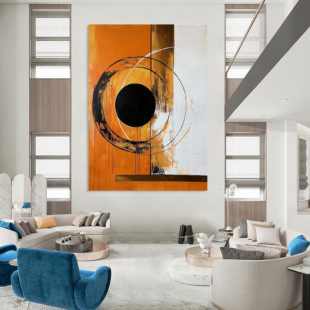 Large abstract painting featuring bold circular shapes and a black circle on an orange background with a brown border.STSC1354