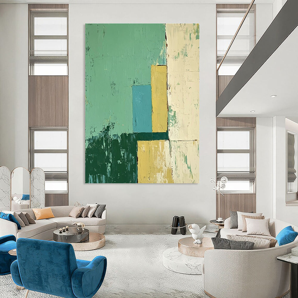Large abstract oil painting featuring an architectural scene in green and yellow with blue accents, showcasing a minimalistic style.STSC144