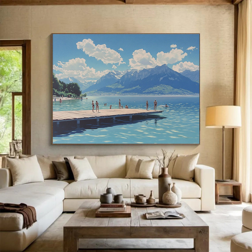 Large abstract painting depicting swimmers at Lake Neuchâtel with mountains clouds and a wooden platform under a blue sky.SC472