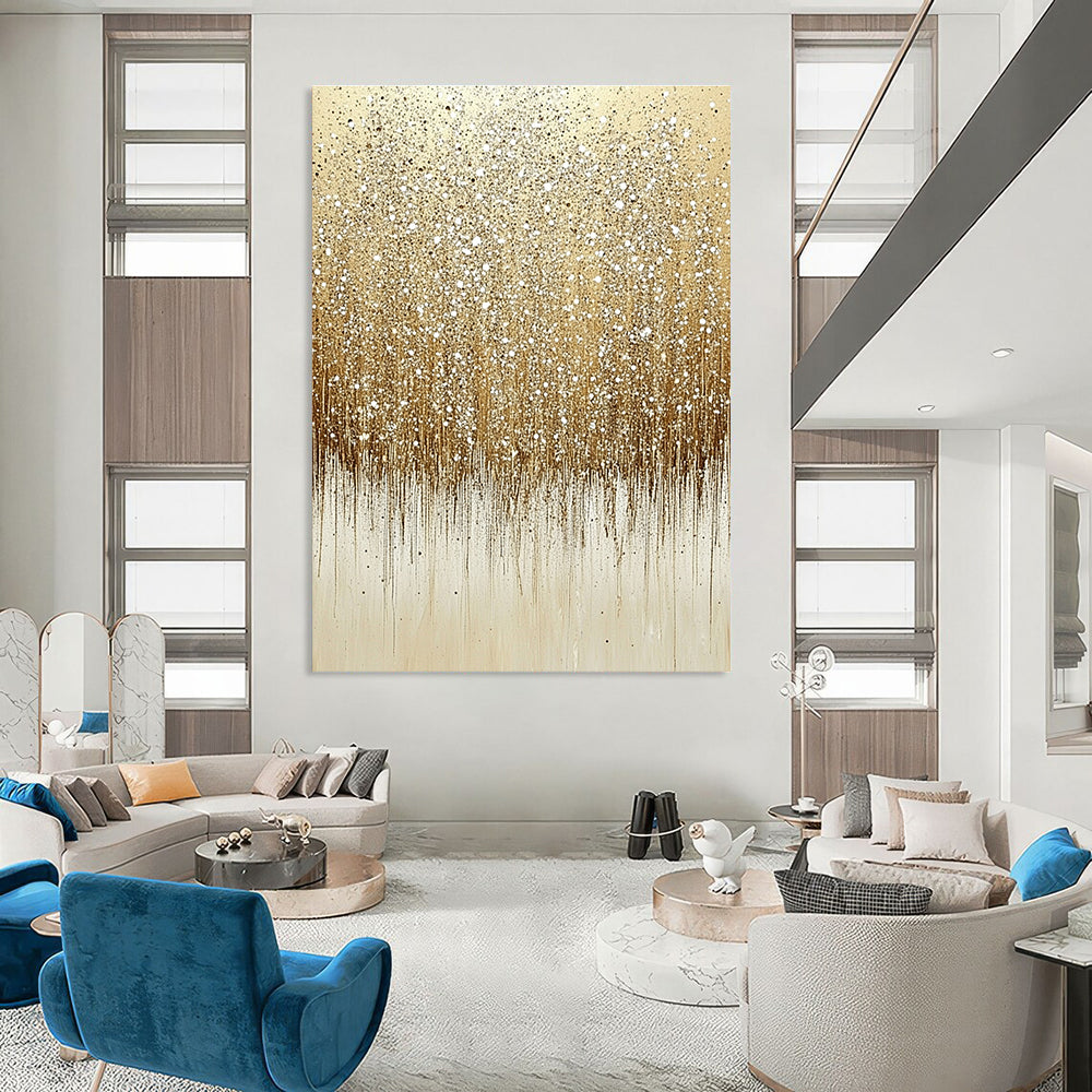 Large abstract painting of glittering sand with ombre beige and white colors featuring numerous sparkles on a clean background.STSC681
