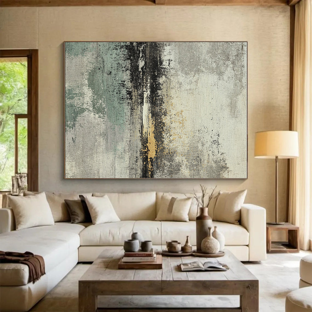 Gray Green and Gold Abstract Painting with Layered Textures GER034