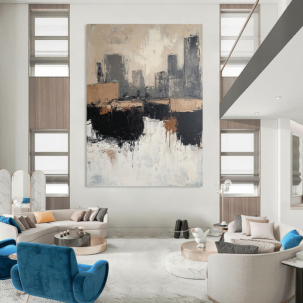 Large abstract painting featuring beige and white tones with gray and brown accents depicting rocks and a cityscape in a minimalist style.STSC412