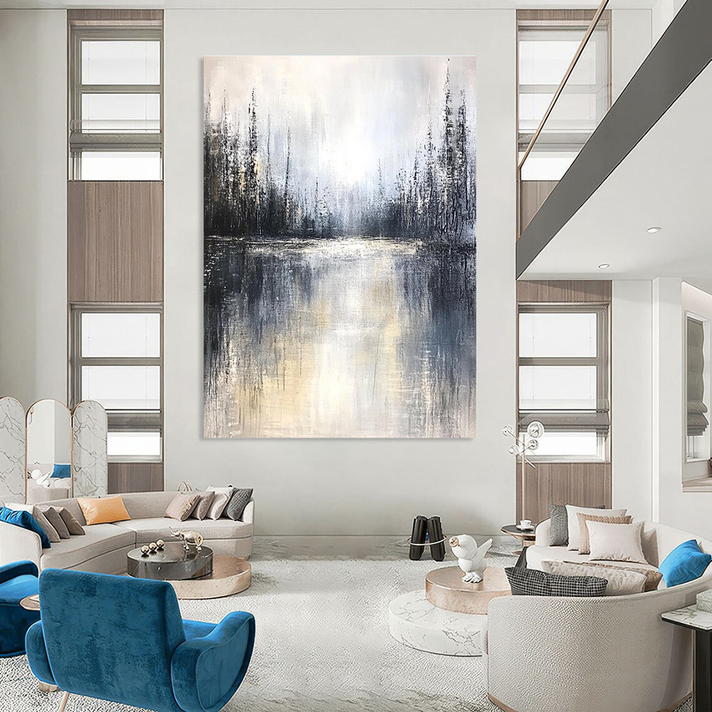 Large abstract painting featuring a misty forest and lake with muted tones soft edges and tranquil atmosphere creating emotional depth.STSC083
