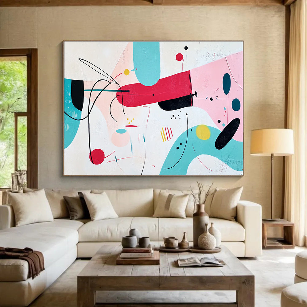Large abstract painting featuring whimsical pink shapes with black outlines and colorful accents on a white background.SC187