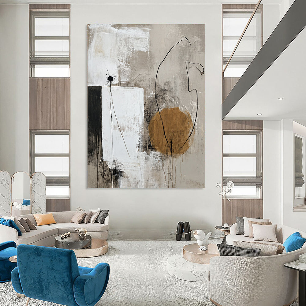 Large abstract painting in neutral tones featuring white shapes and a single accent color for a minimalistic touch.STSC777