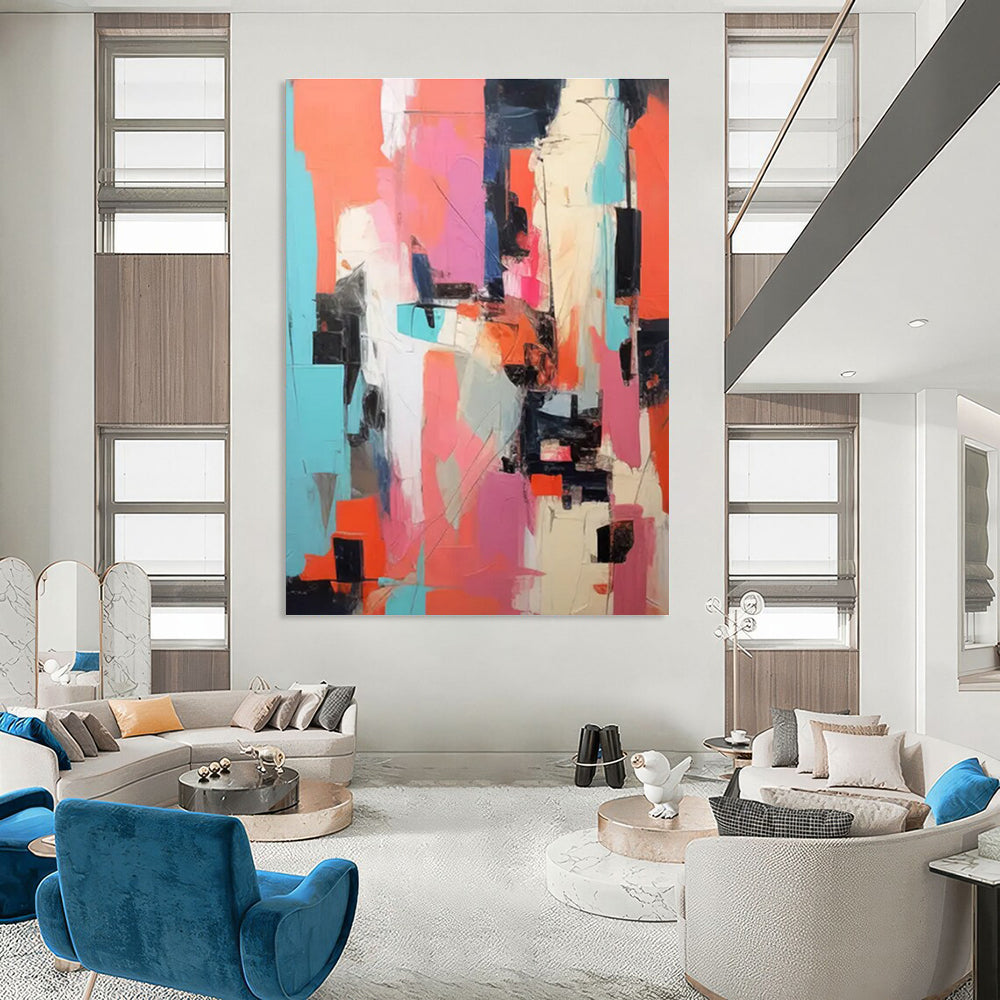Vibrant Color Collage Abstract Painting with Pink, Orange, and Blue ADGE127
