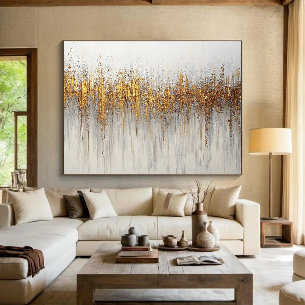 Large abstract painting featuring gold and silver glitter texture on a minimalist white background with neutral tones.SC209