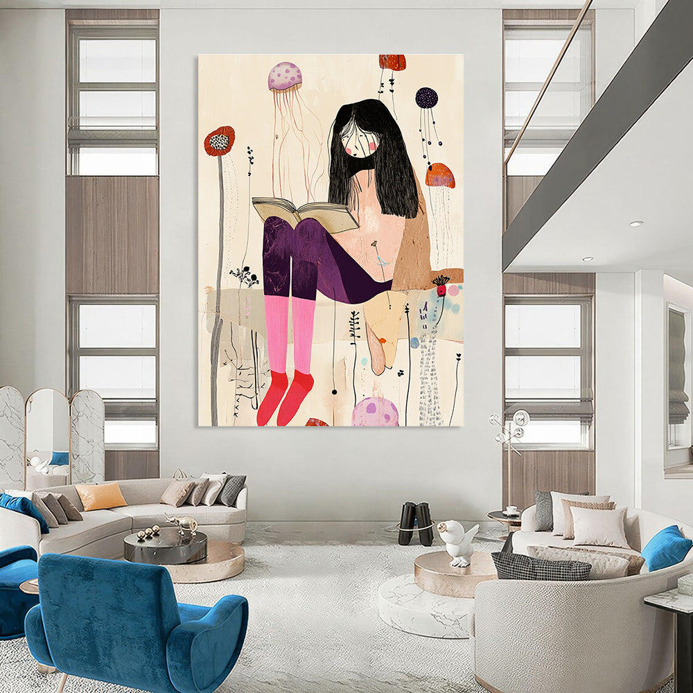 A large abstract collage featuring an eccentric woman with long legs in pastel pink socks and dark purple pants amid whimsical jellyfish and wildflowers.STSC1237