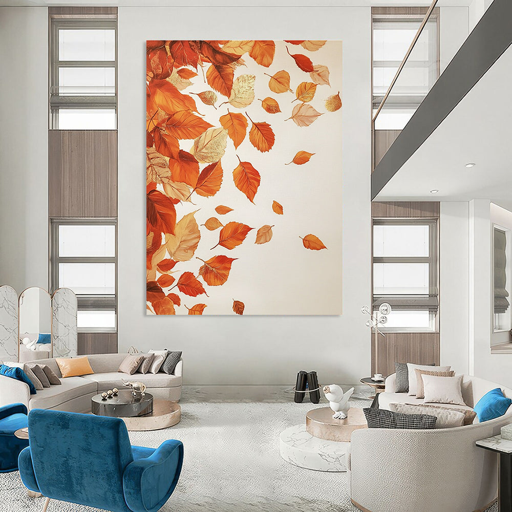 Large abstract painting of falling autumn leaves in Caravaggio style with gold leaf highlights on a white background.STSC1125