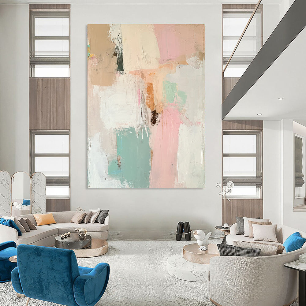 Large abstract painting with soft pinks whites sage greens and earthy tones featuring dreamy human and animal forms in a tranquil nostalgic atmosphere.STSC806