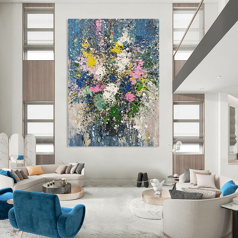 Abstract oil painting featuring flowers and plants in John Berkey's style with light blue green pink and gold leaf splatters.STSC181