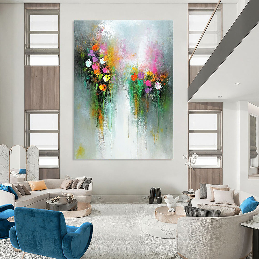 Large abstract oil painting of ethereal flowers in an enchanted garden featuring muted pastel colors on a white background.STSC182