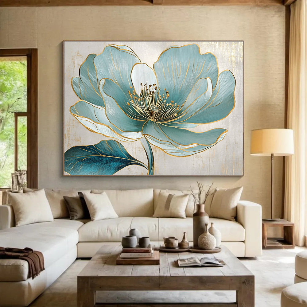 A large abstract painting featuring a turquoise flower with golden lines and exquisite realism on a beige background with elegant gray accents.SC423
