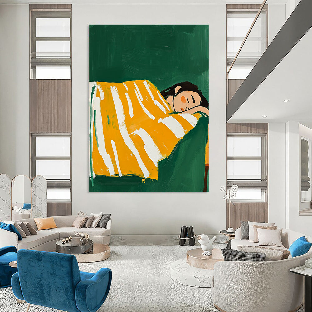 A large abstract painting featuring a woman in a yellow and white striped blanket sleeping on a couch with a vibrant green background.STSC1267