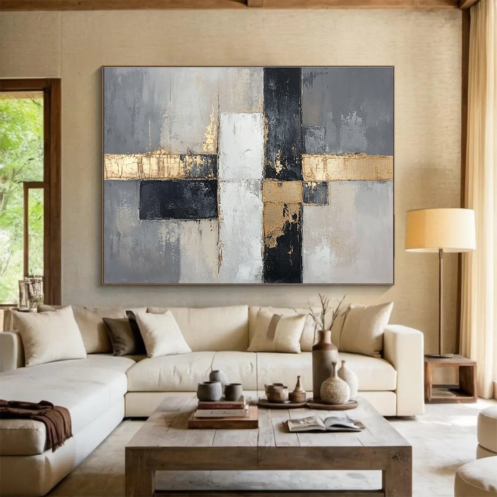 Large abstract painting in neutral tones featuring gray and beige with gold accents and geometric forms creating a sophisticated modern aesthetic.SC247