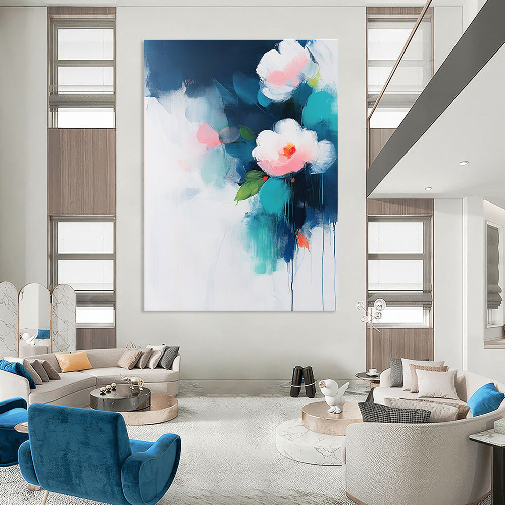Abstract painting on a white background with teal and pink accents featuring flowers and green leaves in soft atmospheric edges.STSC375