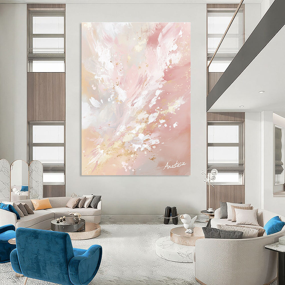 Large abstract painting in pastel pinks and whites with golden accents capturing nature's beauty and light in a serene atmosphere signed by Anastasia.STSC1201