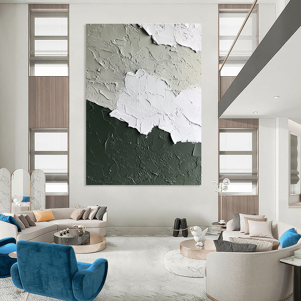 Abstract wall art in a white and sage green palette featuring a textured paint finish for a contemporary and elegant aesthetic.STSC132