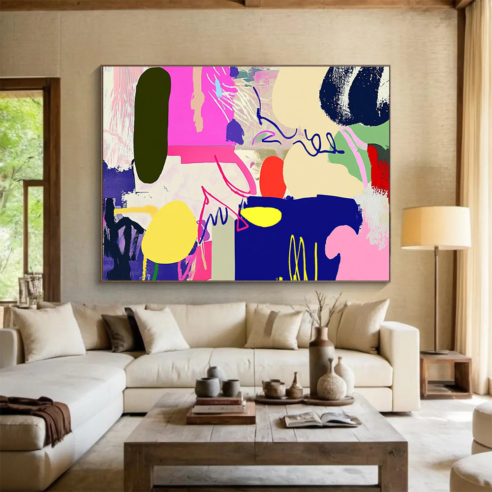 Large abstract artwork featuring vibrant shapes and lines with a unique animal silhouette in the right corner for a striking visual impact.SC455