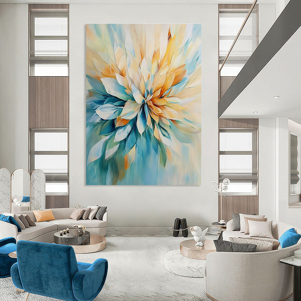Large abstract painting in light teal and beige featuring loose brushwork and oversized petals.STSC435