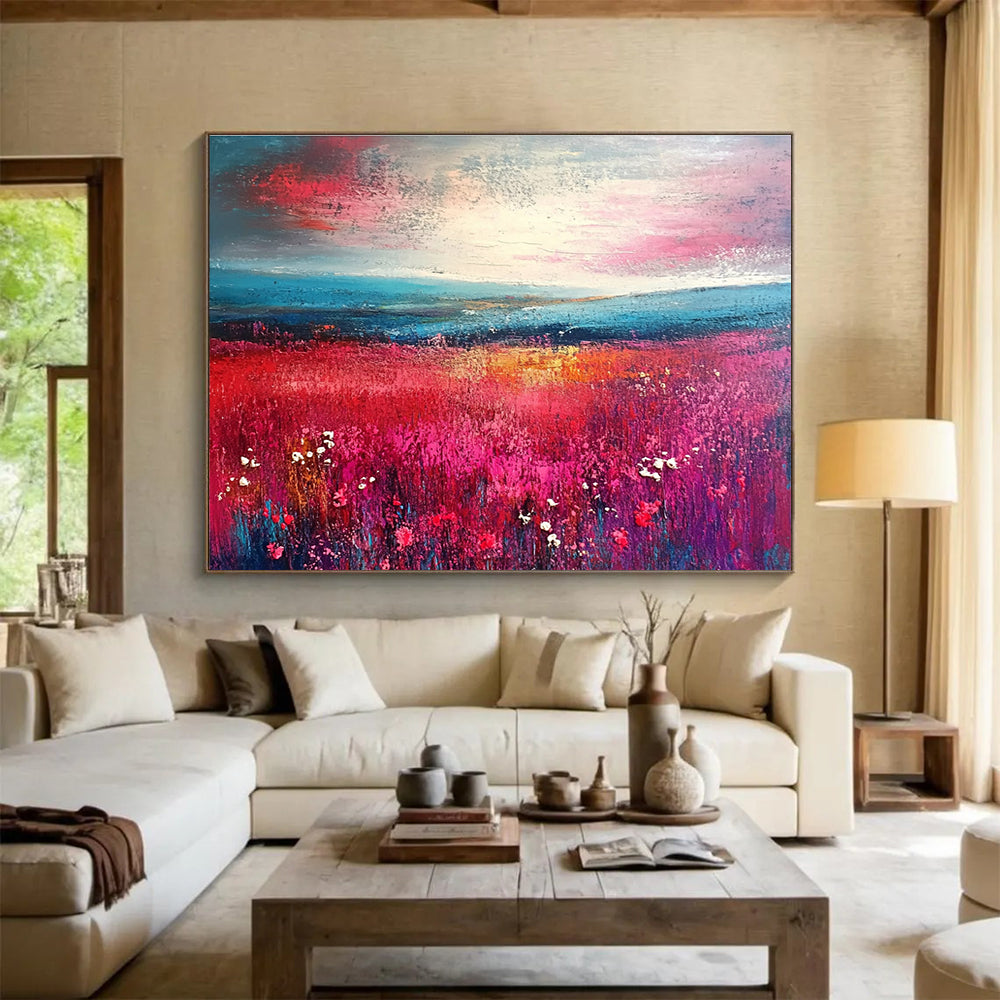 An abstract landscape featuring vibrant pink and teal brush strokes merges into a field of flowers, guiding the eye towards a distant horizon.SC314