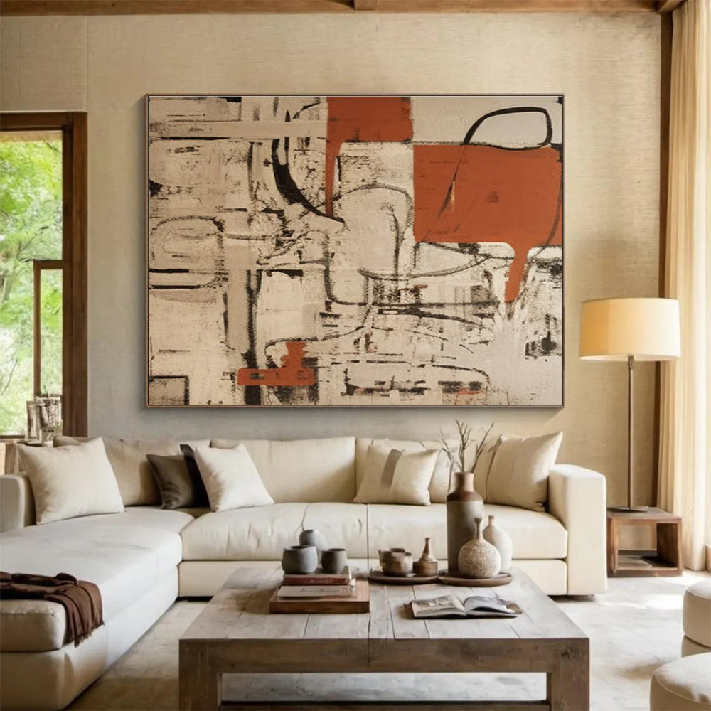 Red Black and Beige Abstract Painting THY098