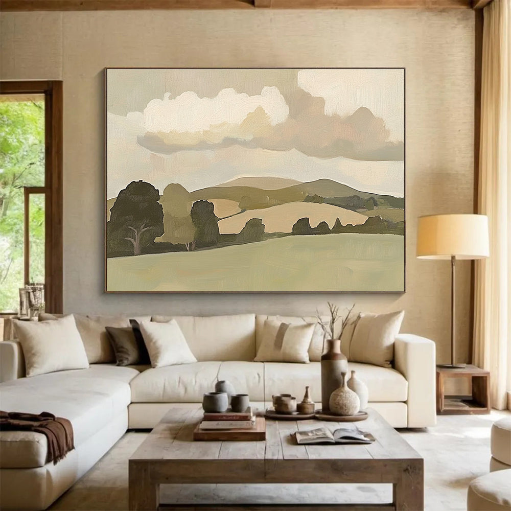Large abstract painting of English countryside featuring minimalist hills and trees with soft brush strokes and muted colors in vintage style.SC404