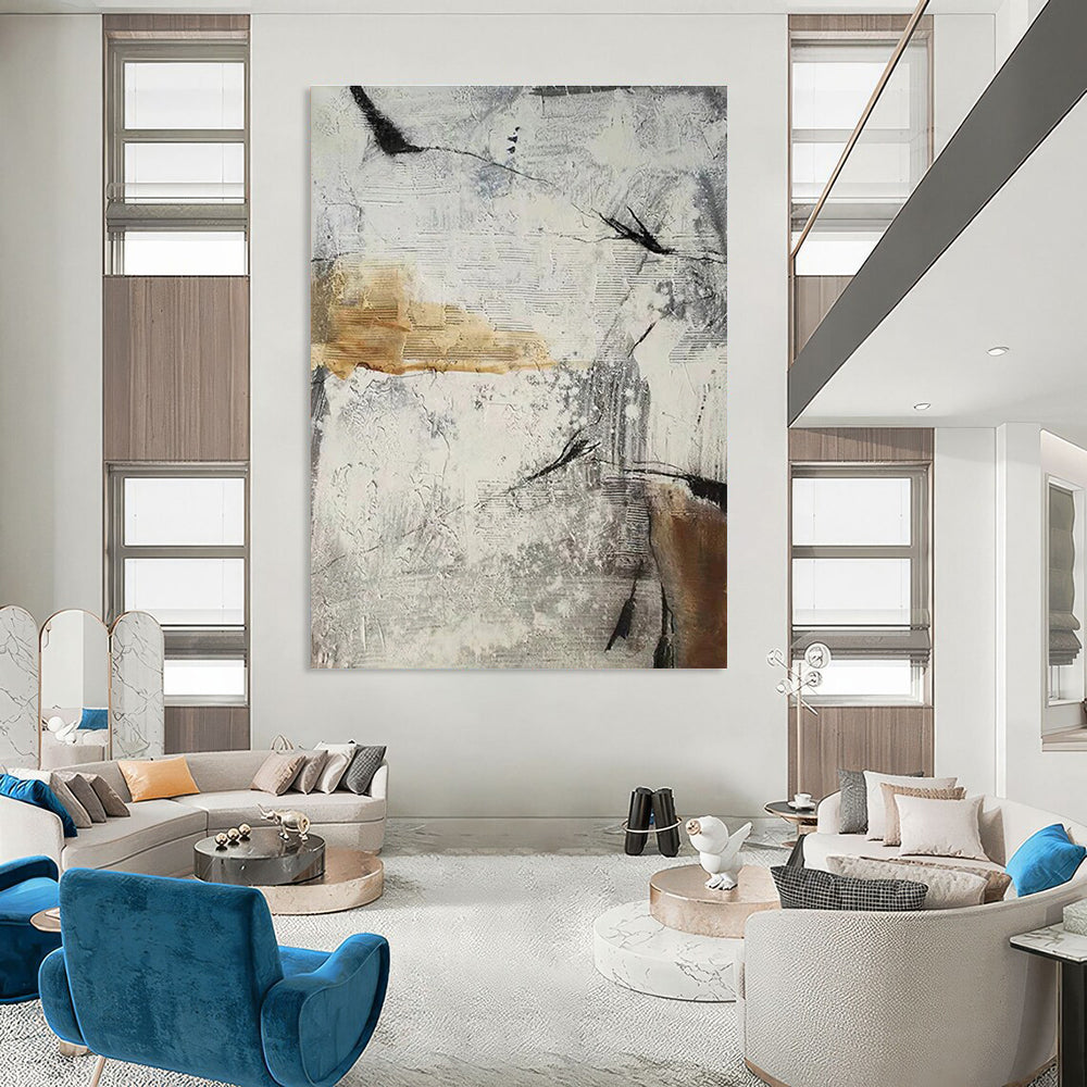 Gray and White Geometric Abstract Painting with Textured Layers ADGE338