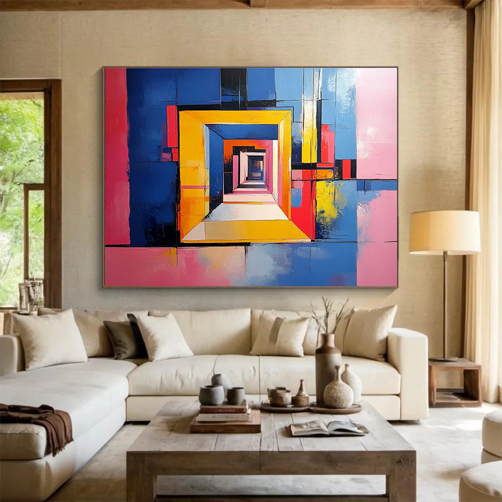 Vibrant abstract painting of an open door with geometric shapes against a blue and yellow background highlighting pink walls and soft textures.SC337